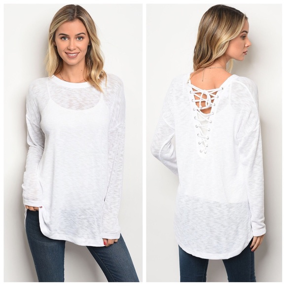White long sleeve lace-up back sweater top - Picture 3 of 3